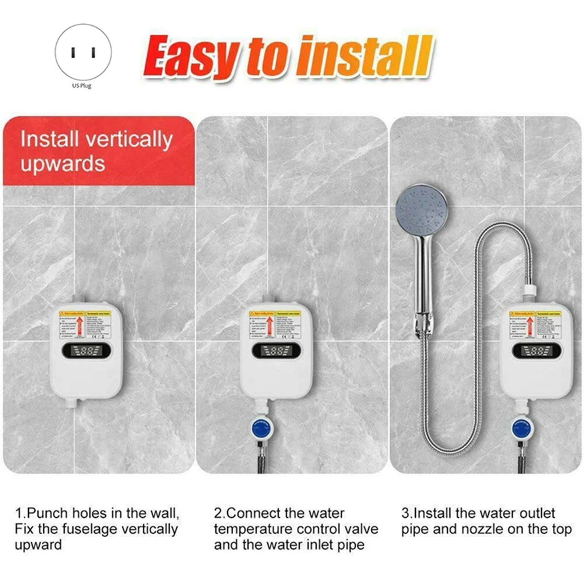 Instant Water Heater Shower Bathroom Faucet Plug Hot 3500W Digital Display for Country House US