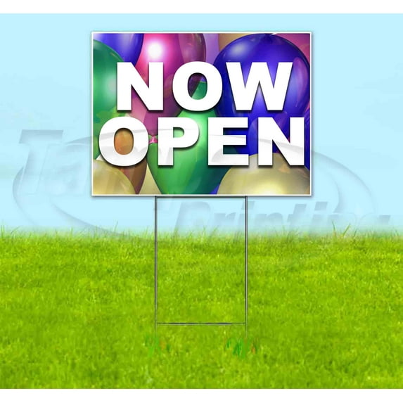Now Open Balloons V2 (18" x 24") Yard Sign, Includes Metal Step Stake