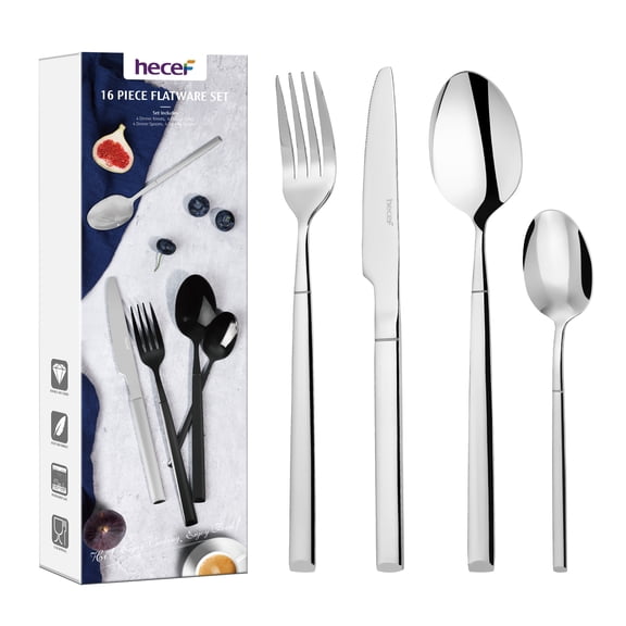 Juego de Cubiertos hecef de 16 Piezas, Acero Inoxidable con Acabado de Espejo - Servicio para 4, Plata
