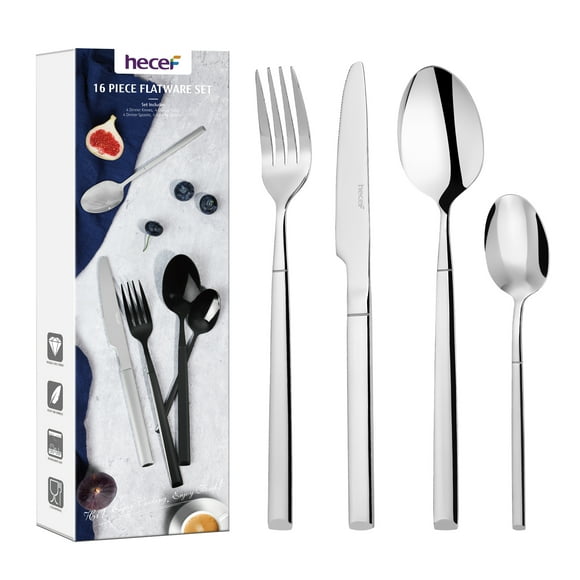 Juego de Cubiertos hecef de 16 Piezas, Acero Inoxidable con Acabado de Espejo - Servicio para 4, Plata