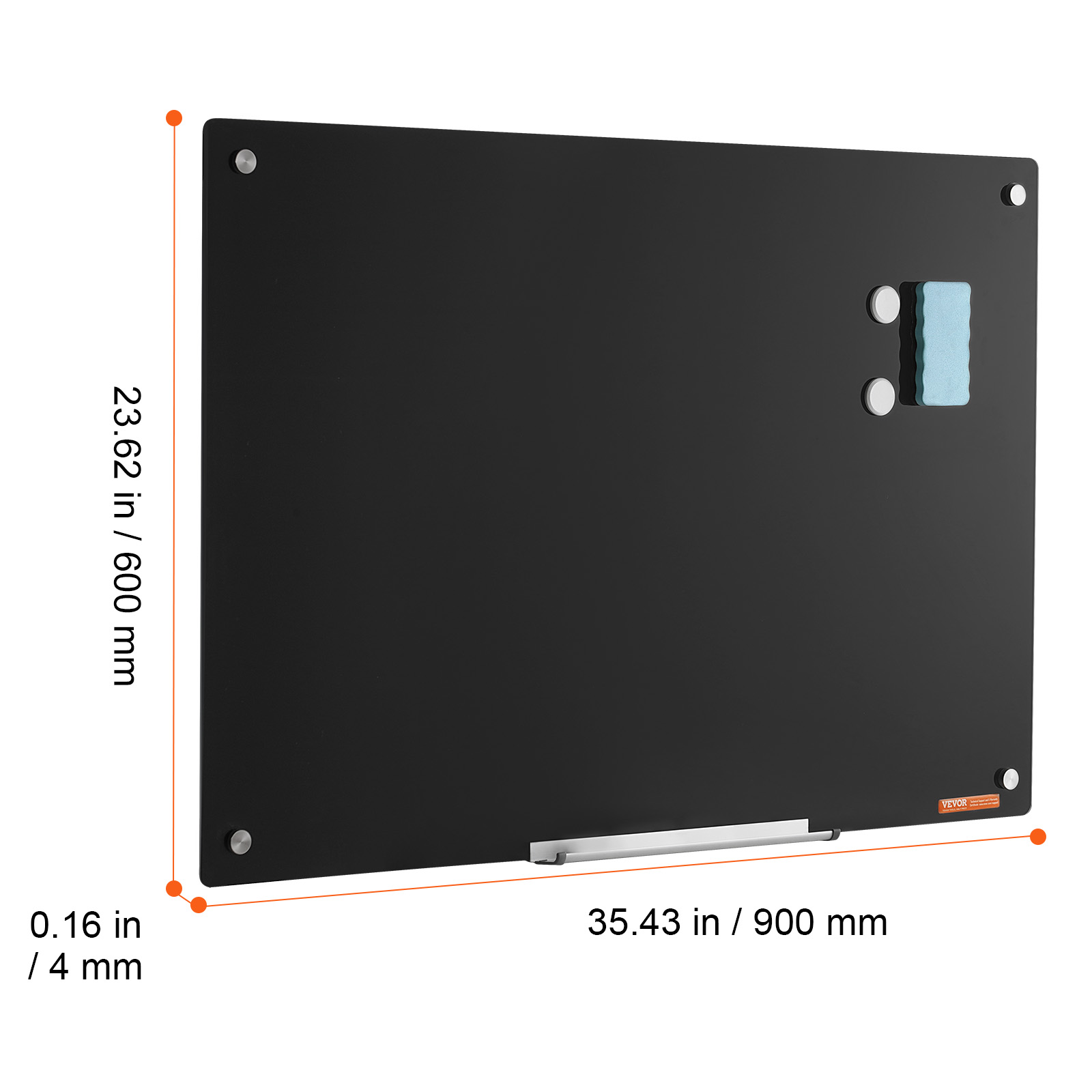 VEVOR Magnetic Glass Whiteboard, Dry Erase Board 36"x24", Wall-Mounted Large White Glassboard Frameless, with Marker Tray, an Eraser and 2 Markers, Black