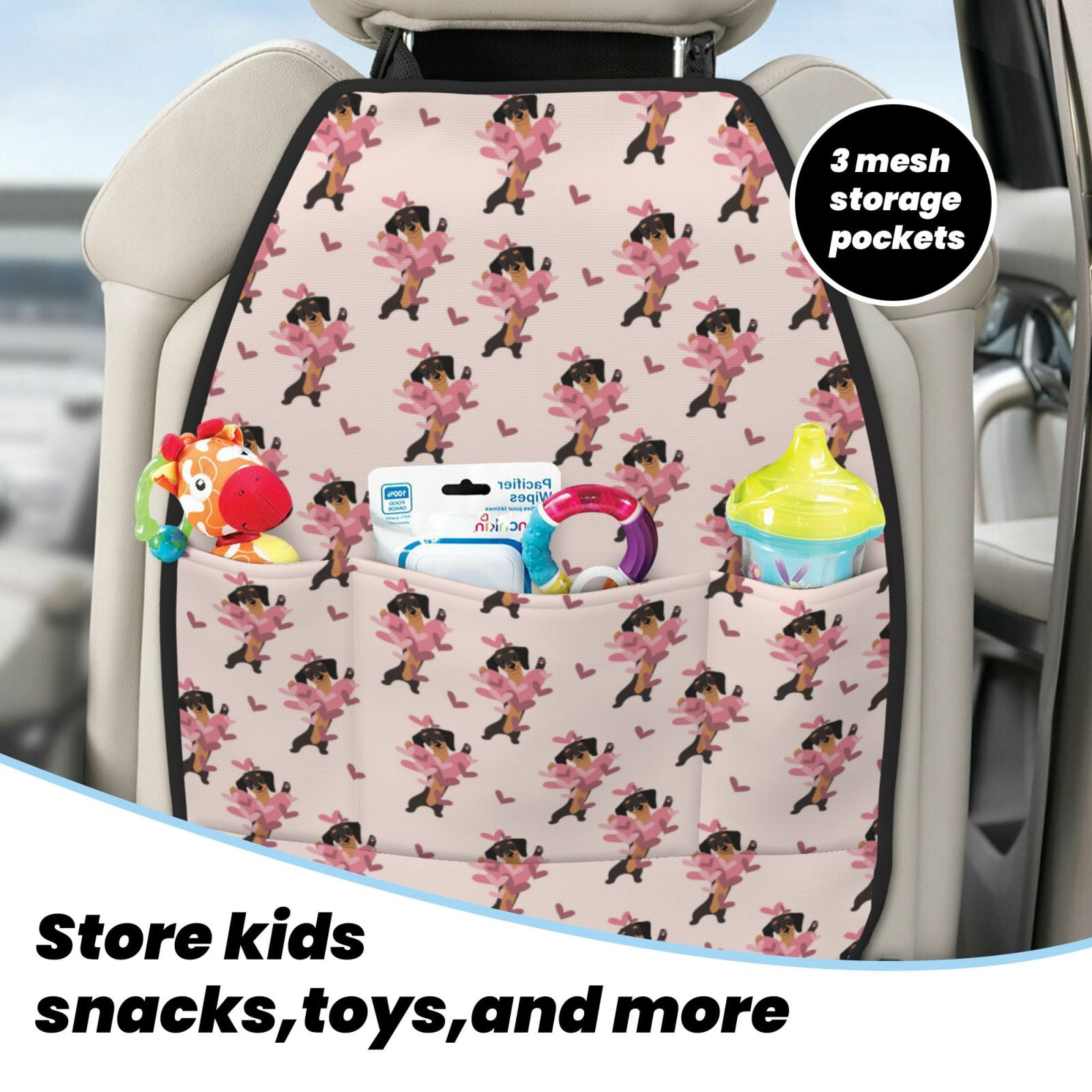 Kdxio Dachshund Dog Heart Print 2 Pack Car Kick Mat Seat Cover Back Protector Mat with Pockets for Organizer Backseat Protector and Storage Anti Kick Pad for Vehicles