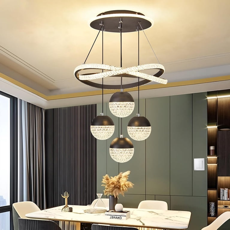 Modern Gold LED Chandelier – 3-Color Dimmable Pendant Light For Kitchen Island, Dining Room, Or Living Room, Adjustable Height