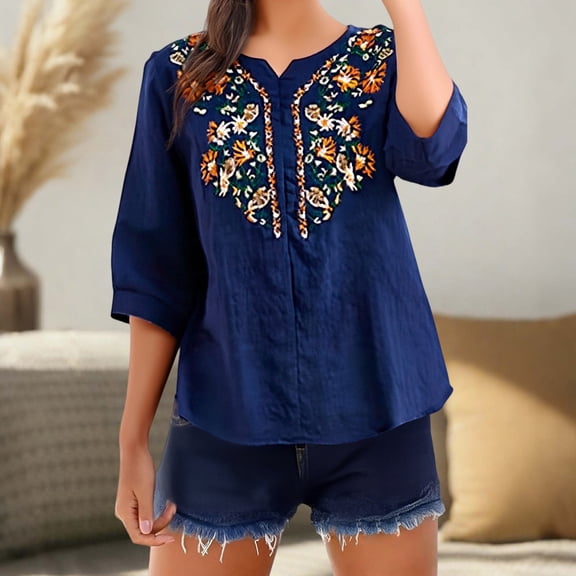 WCJM Summer Linen Shirts for Women Button Down V Neck 3/4 Sleeve T-Shirt Blouse Casual Loose Basic Solid Tunic Tops 2026 Plain T Shirts for Women Carnival Blouses for Women