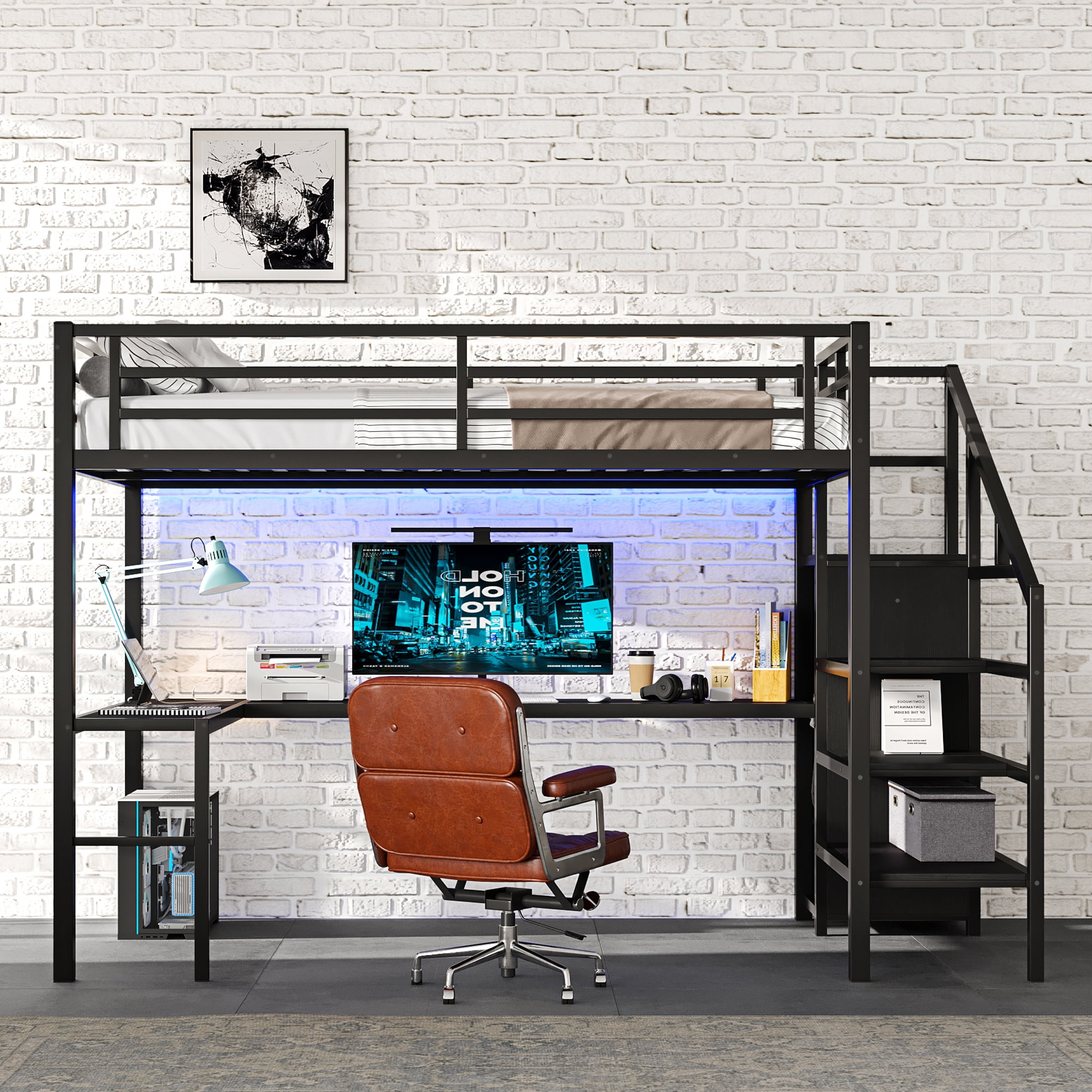 Full Size Loft Bed with L-shaped Desk and USB,Heavy Duty Metal Loft Bed with Wardrobe and Adjustable Shelf,High Loft Bed with LED for Kids Teens Adults, Black