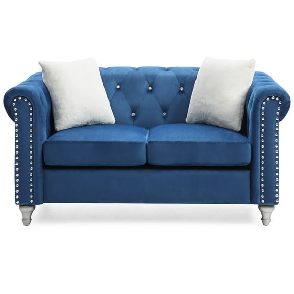 Contemporary Home Living Tufted Velvet 2-Seater Sofa with Throw Pillows - 60" - Blue