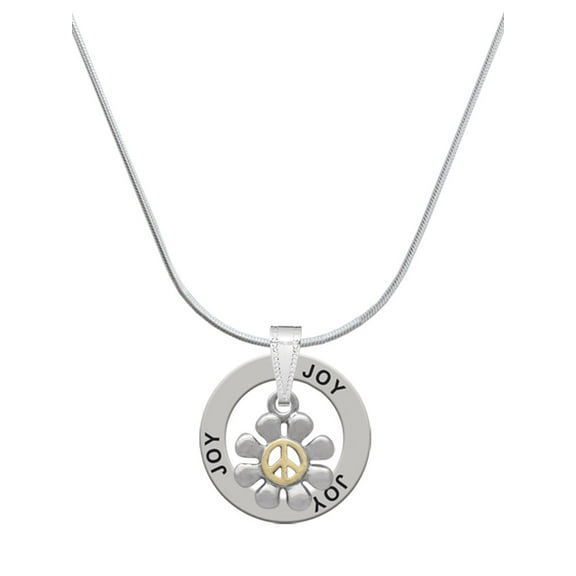 Delight Jewelry Two-tone Small Daisy with Peace Sign Joy Ring Charm Necklace, 18"