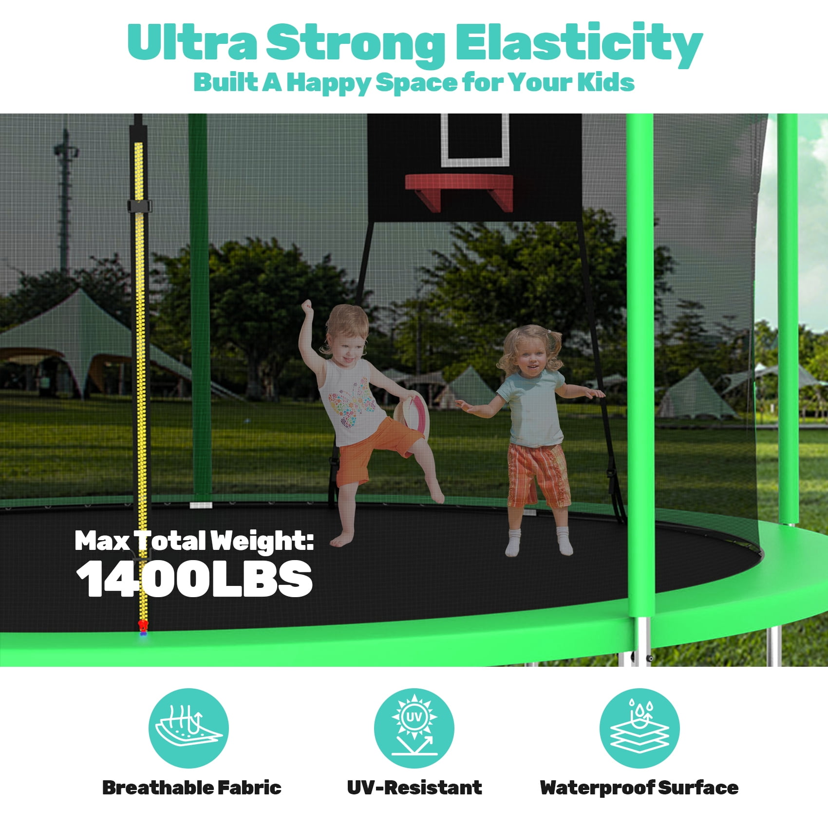 Alvantor Trampoline 14Ft for Kids Age 3-10, Round Trampolines with Basketball Hoop & Enclosure Net for Backyard Yard,Green