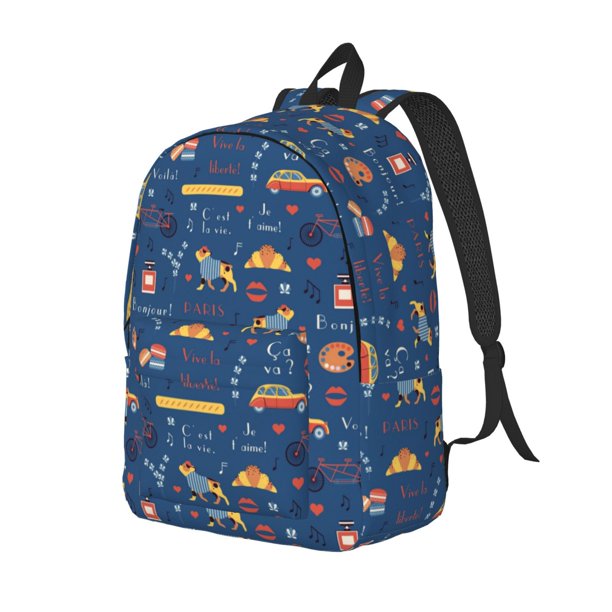 Disketp French Bulldog Dog In Beret print Canvas Backpack Lightweight Travel Daypack Student Rucksack Laptop Backpack-Small