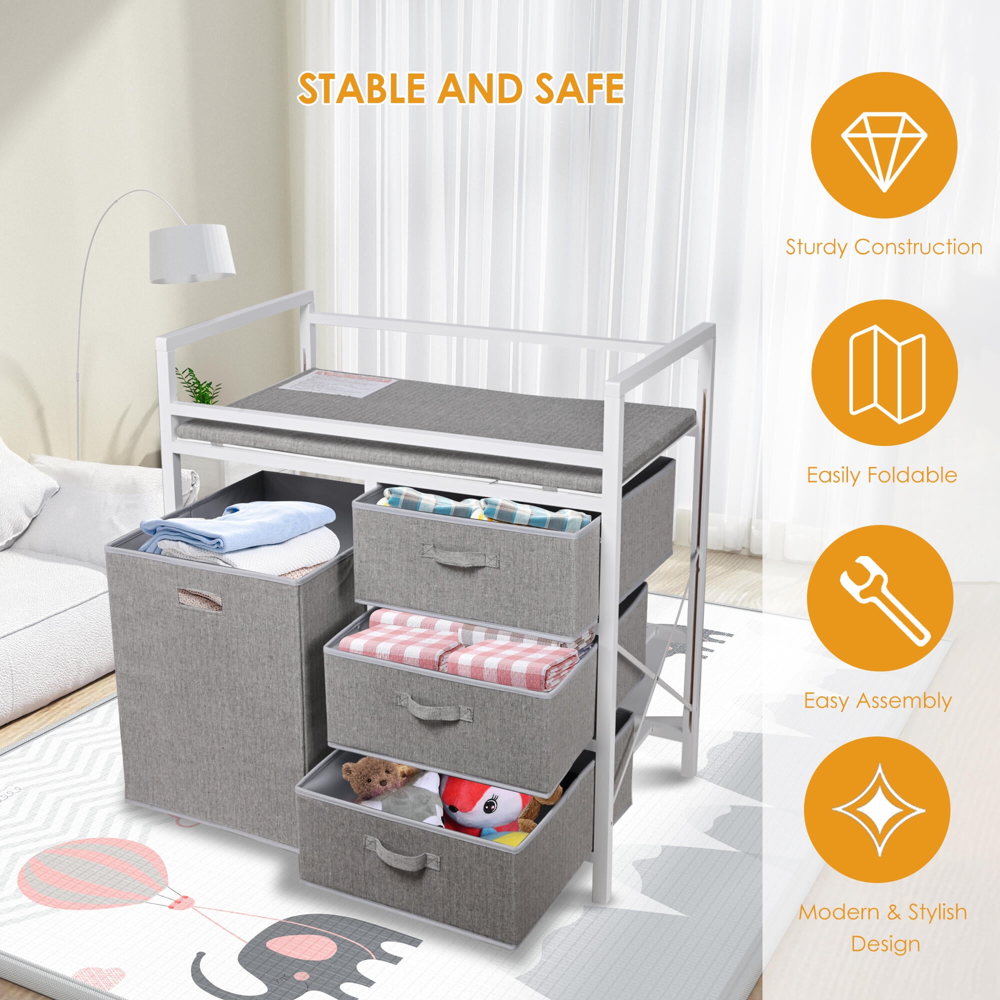 Baby Changing Table Dresser Nursery Storage Organizer Diaper Changing Station with Laundry Hamper and 3 Drawers