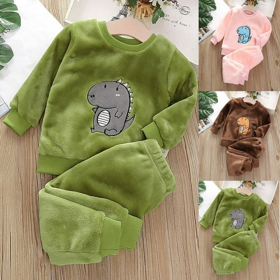 WRKEKC Toddler Winter Outfits for Girls Boys 1-7 Years Dinosaur Embroidery Long Sleeve Flannel Top and Cuffed Pants Two Piece Warm Cozy Fall Loungewear Set