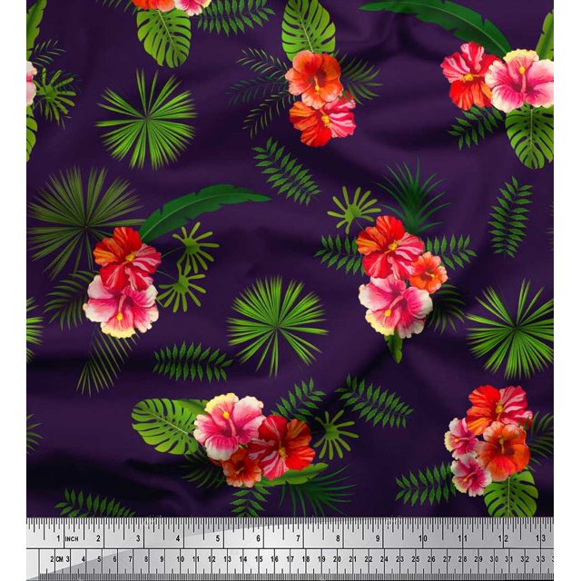 Soimoi Polyester Crepe Fabric Floral & Leaves Tropical Print Fabric by The Yard 42 Inch Wide
