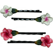 Fimo Hair Flower Mini Bobby Pin Set of 4 Plumeria White with Pink  Hot Pink