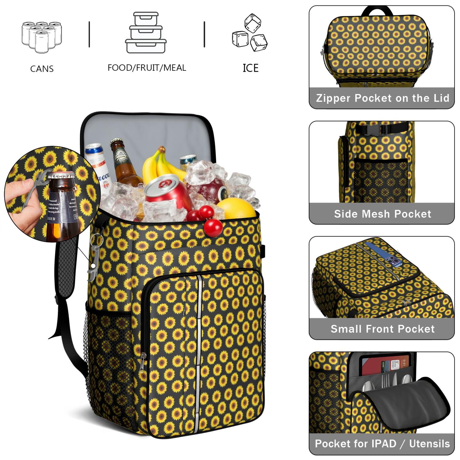Travel Cooler Bag - Black Sunflower Camping Beer Cooler Backpack with Bottle Opener- Waterproof Insulated Picnic Backpacks - Cooler Bag for Beach