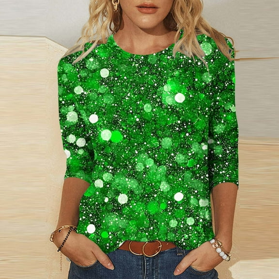 TrendVibe365 St Patricks Day 3/4 Sleeve Tops for Women 2025 Green Plus Size with Crew Neck Polyester Casual St. Patricks Day Blouse Tops for Irish Themed Gifts L