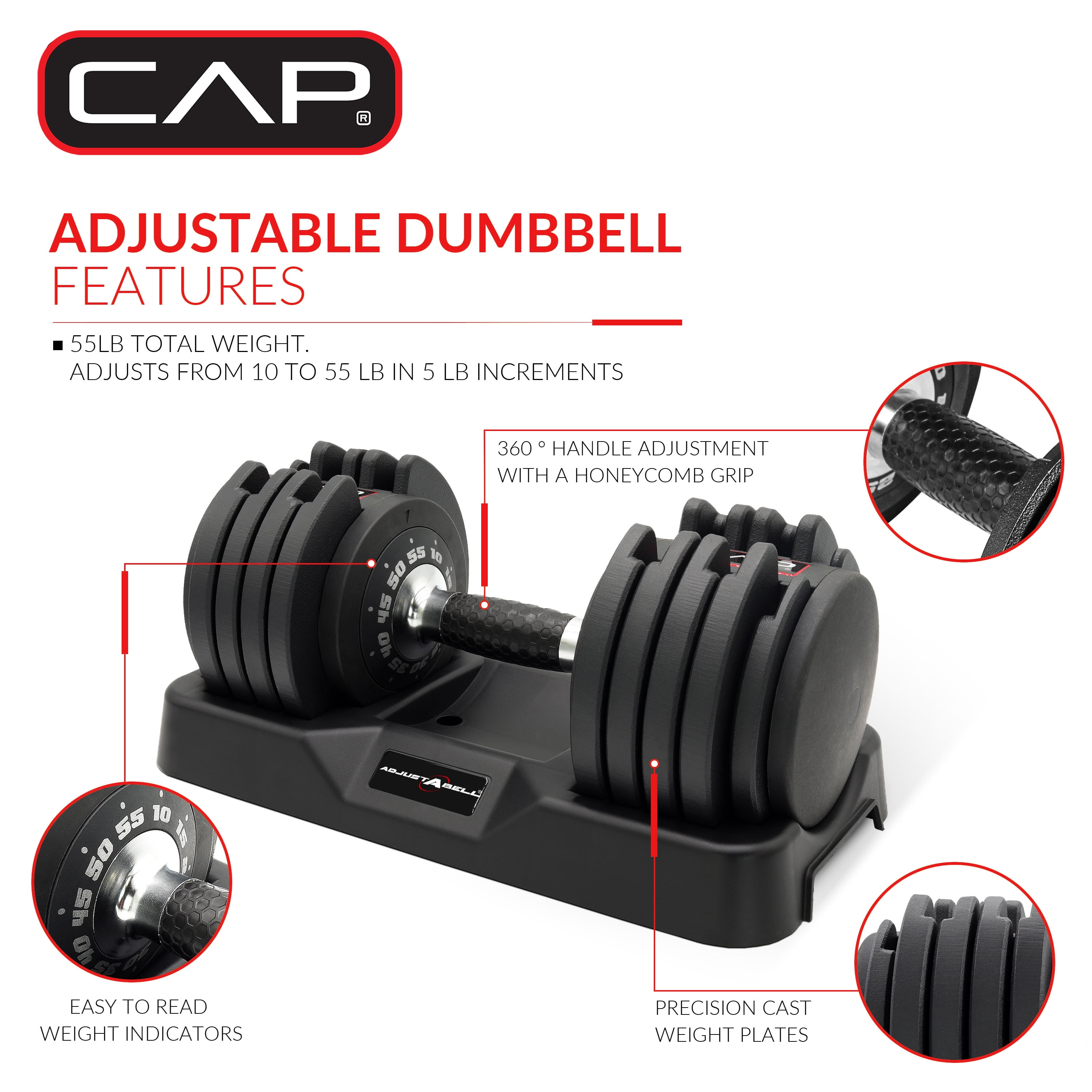 CAP Barbell 10-in-1, 55lb ADJUSTABELL® Dumbbell, (10 15 20 25 30 35 40 45 50 55 lb) in 5lb Increments