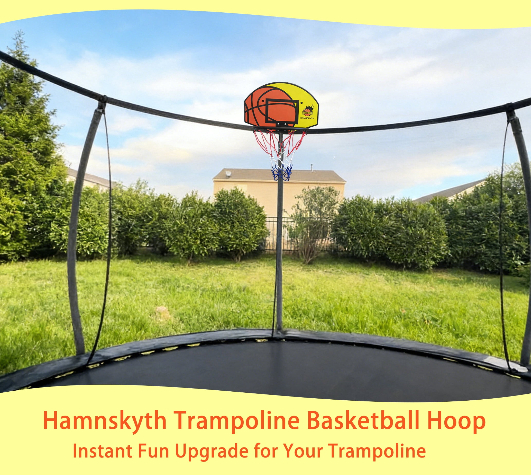 Hamnskyth Trampoline Basketball Hoop, Fits Most Straight & Curved Poles, Stainless Steel Angle-Adjustable Base, Includes Mini Basketball & Pump