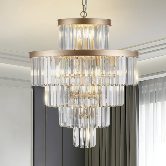 Crystal Chandeliers for Dining Room Lights Fixtures, 15 Lights 23.6in Gold Modern Chandeliers for Bedroom, 5-Tier Round Crystal Lighting Fixtures for Living Room Entryway Kitchen Island