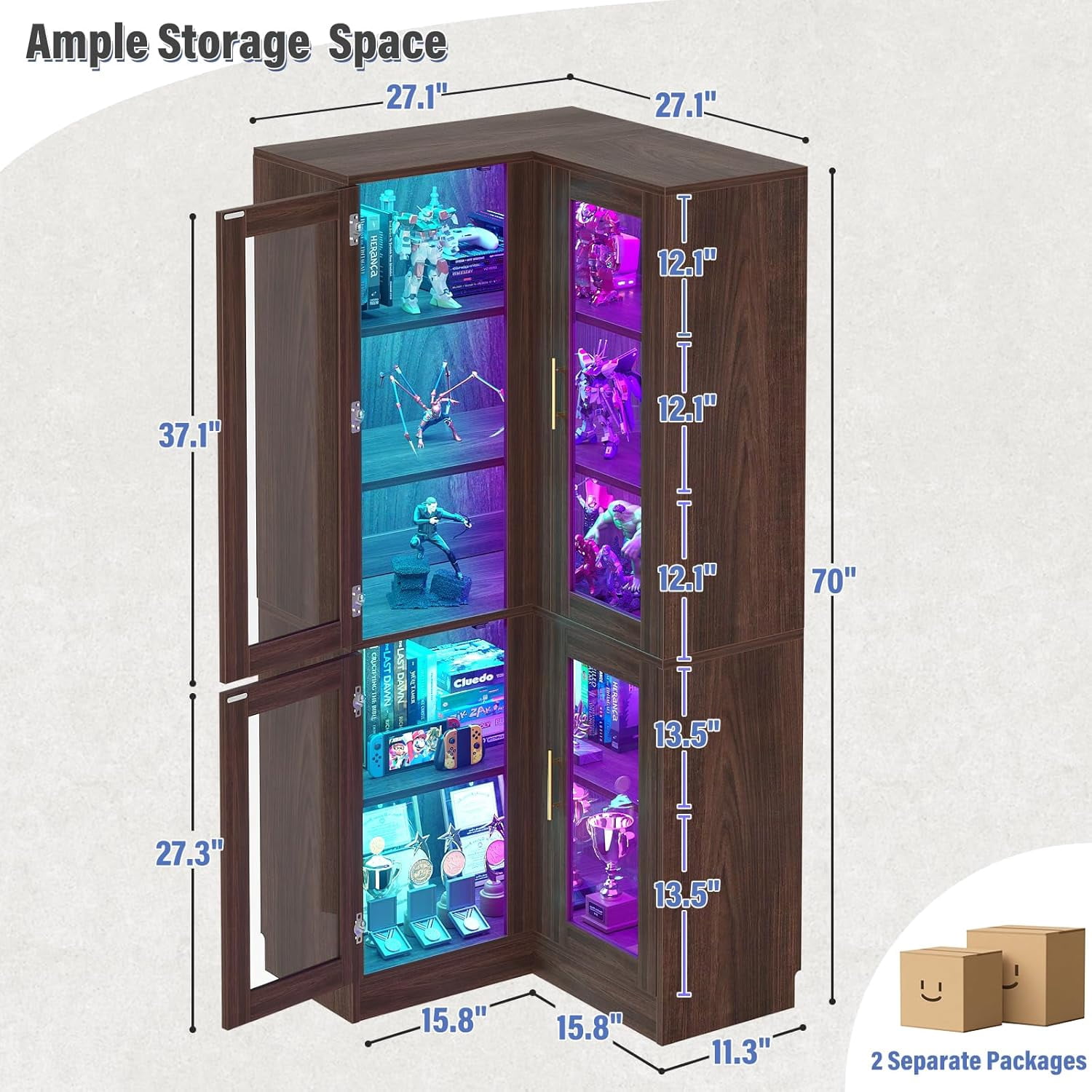 Homieasy 70'' Tall Corner Pantry Cabinet, L Shaped Kitchen Hutch Cabinet with LED Lights, Glass Doors & Adjustable Shelves, Storage Cabinet for Dining, Kitchen, Closet, Walnut