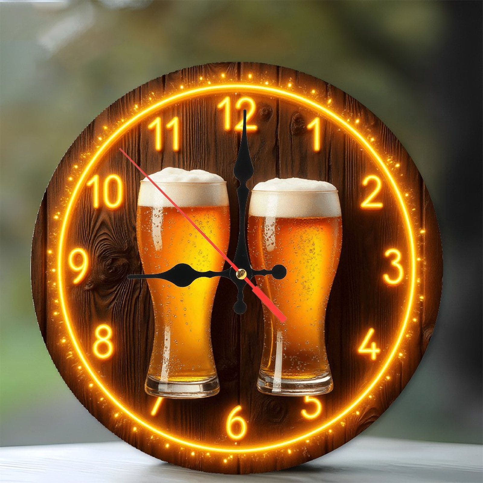LED Neon Clock with Beer Glasses for Bar Decor 10-Inch Silent Wooden Wall Clock, Battery Operated (AA Batteries Not Included), Artistic Home Decor