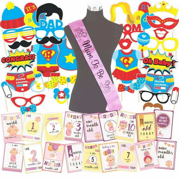 Baby Shower Combo of Photo Booth Party Props, Sash and Milestone Cards - Combo