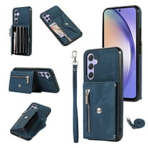 RFID BLOCKING Wallet Case for Samsung Galaxy A15 with Card Holder, Zipper Pocket Kickstand Function Shockproof Purse Phone Cover with Removable Shoulder Strap & Wrist Strap, Blue