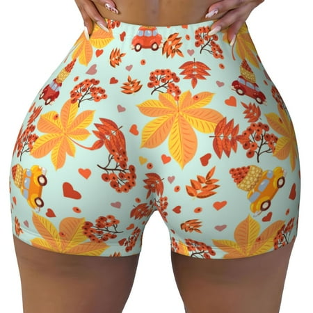 Workout Shorts Women  Hearts And Autumn Leaves Biker Shorts for Women Running Gym Spandex Shorts Tummy Control
