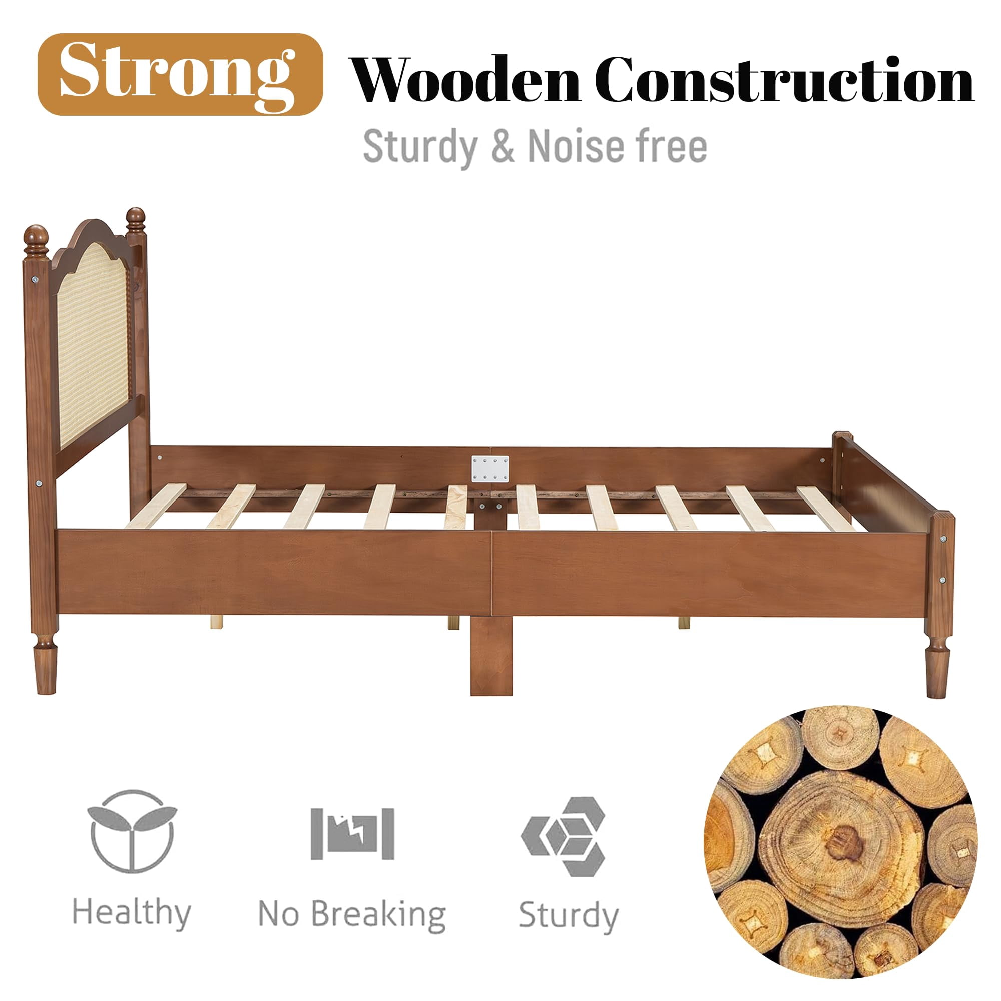 Aukfa Solid Wood Full Size Bed Frame with Natural Rattan Headboard, Walnut