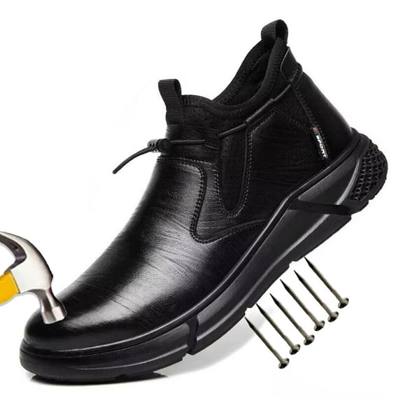 Men's Safety Boots with Lightweight Steel Toe Cap, Black Waterproof Comfy Slip On Cow Leather Work boots Working Trainers