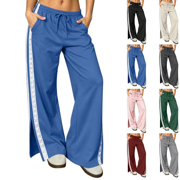 Tqcoqu Women's High Waist Wide Leg Sweatpants, Lace Side Stripe Drawstring Split Hem Pants with Pockets, Y2K Trendy Casual Athletic Pants
