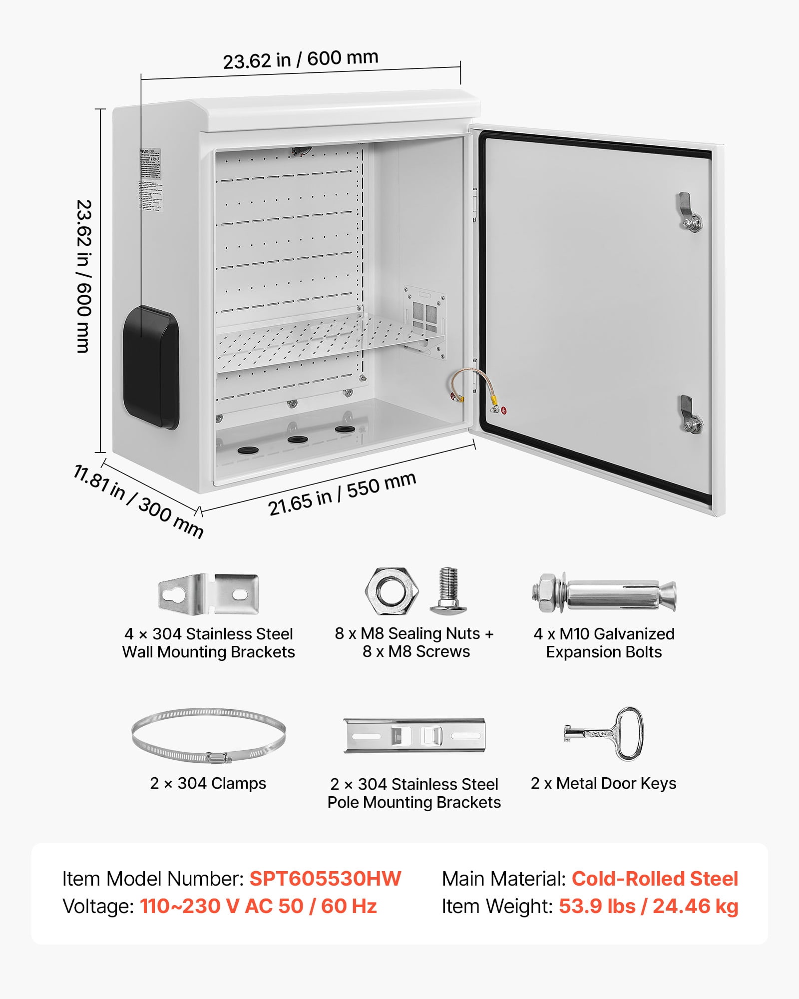 VEVOR Outdoor Electrical Box, Cold-Rolled Steel, Electrical Junction Box with Thermostat and Fan, Rain Hood, Ventilated Design, IP65 Waterproof Hinged Enclosure, Wall/Pole Mounted, 24 x 24 x 12 in