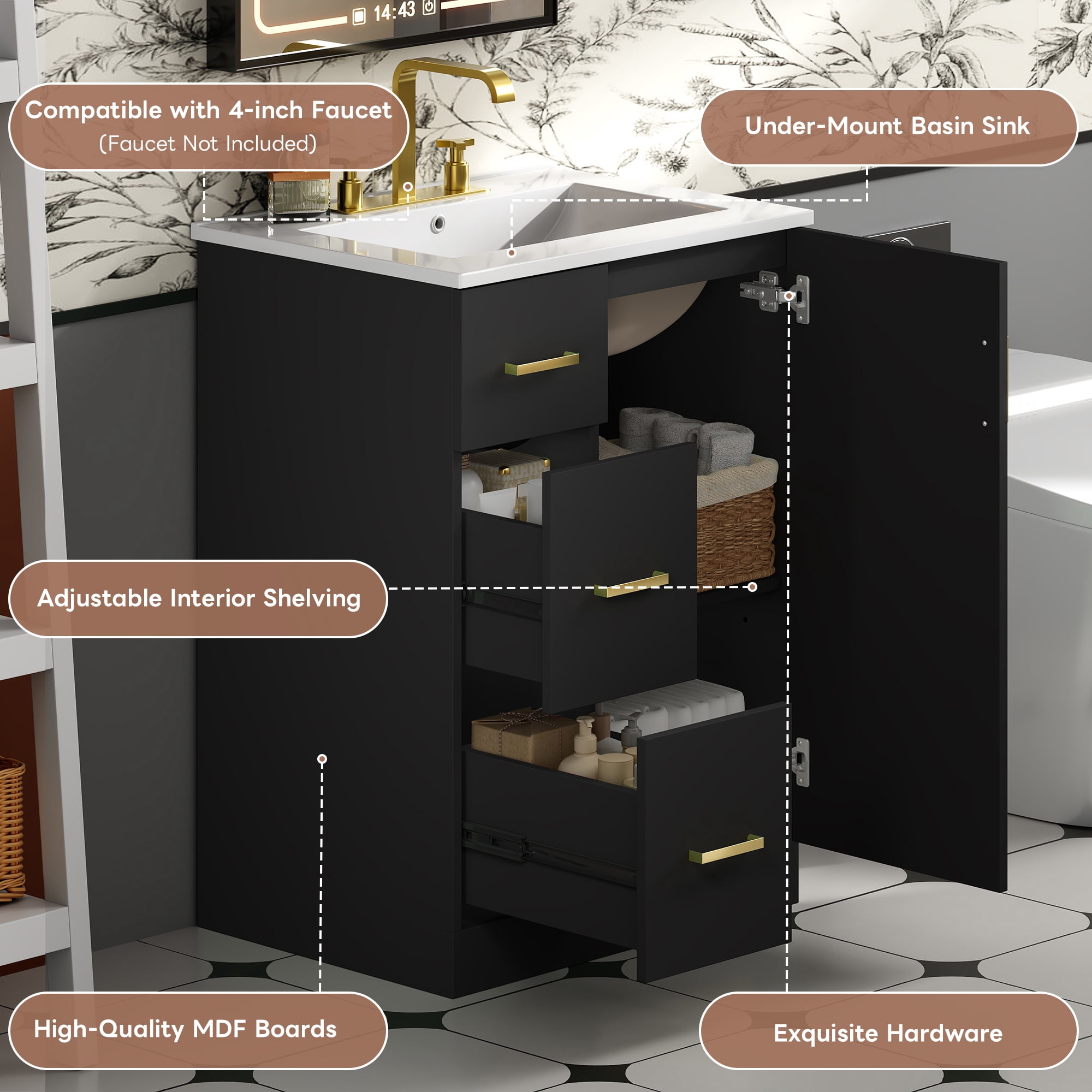 Euroco 24" Modern Bathroom Vanity with Sink, Small Bathroom Sink Cabinet with 2 Drawers and Soft-Closing Door, Under-mount Sink Bathroom Cabinet with Drawers
