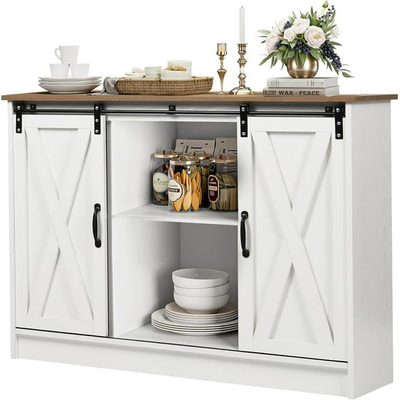 Catrimown Farmhouse Coffee Bar Cabinet , 42”  Buffet Sideboard Cabinet with Sliding Door, Sideboard Storage Cabinet, White