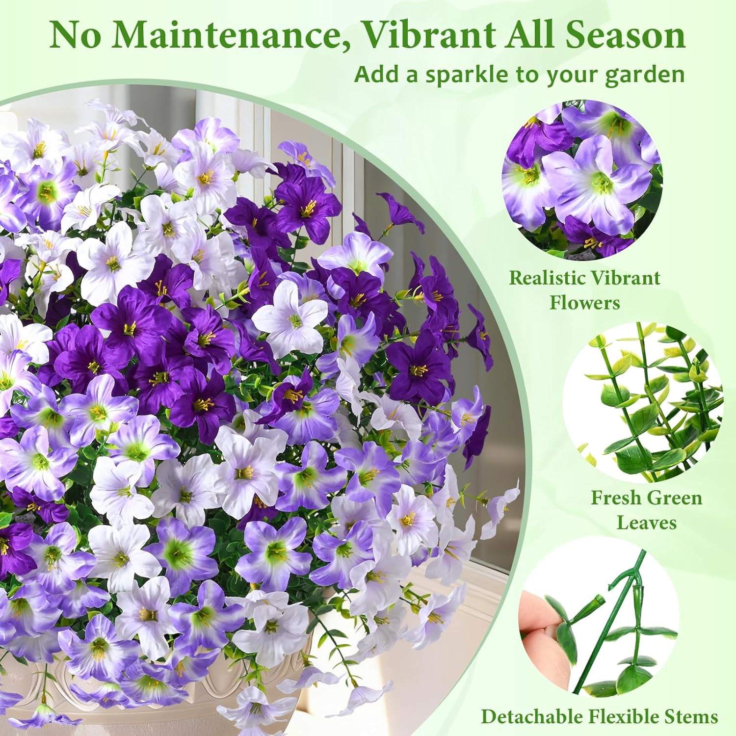 Yastouay 12 Bundles Artificial Petunias Flowers for Outdoors,UV Resistant Fake Flowers for Planters,Purple White Faux Petunias Silk Flowers for Proch Garden Yard Decor