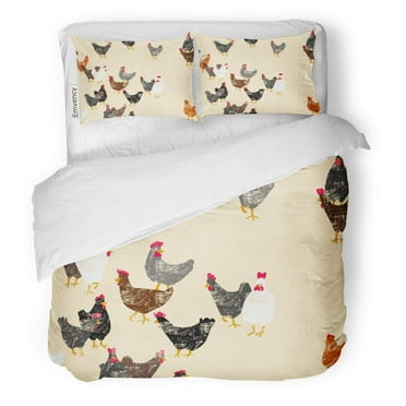 FMSHPON 3 Piece Bedding Set Colorful Chicken with Hens Farm Cock Abstract Agriculture Bird Chick Twin Size Duvet Cover with 2 Pillowcase for Home Bedding Room Decoration