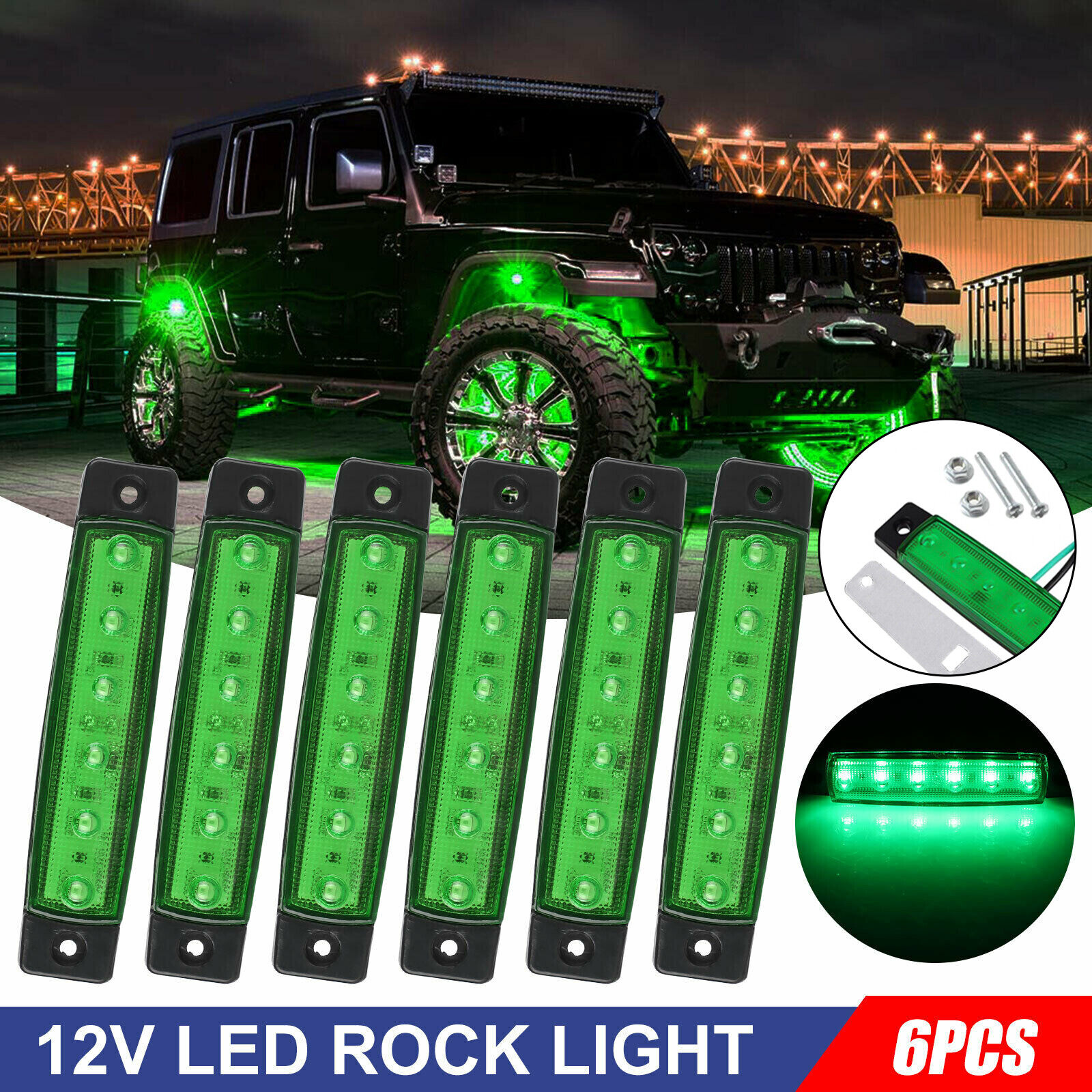 6 Green LED Pods Rock Underbody Wheel Lights For Jeep Offroad Truck UTV ATV  Boat 