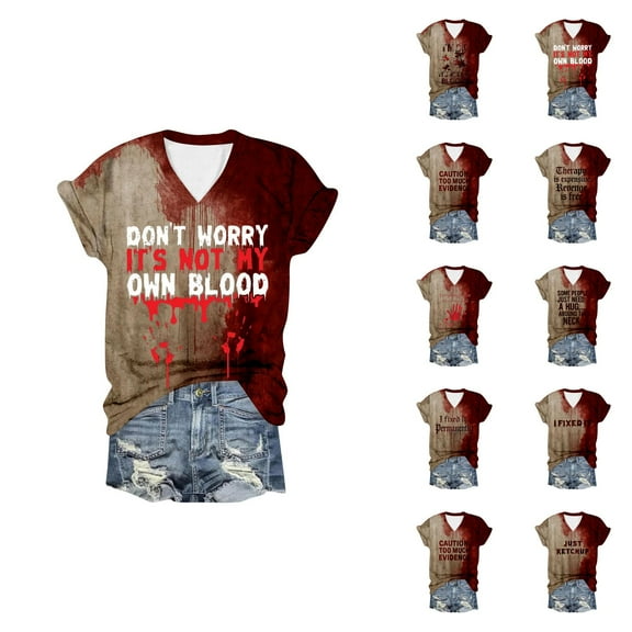 I'm Ok It's Not My Halloween Tshirts Women 2025 Short Sleeve V Neck Funny Halloween Shirts for Women