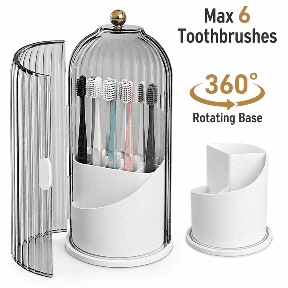 THDFTDT Toothbrush Holder with Cover, 360 Degree Rotating Organizer, Dust-Proof Hidden Storage for 6 Toothbrushes, Compact Black