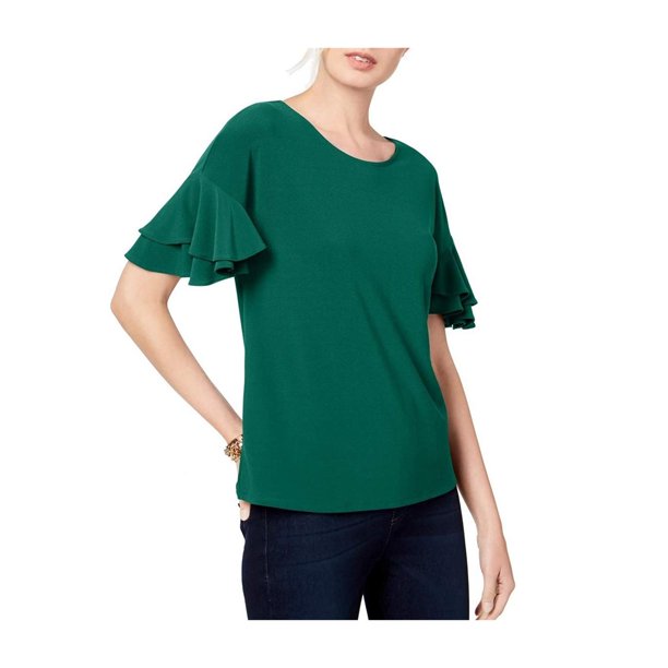 INC Blusa de manga con volantes para mujer, verde, pequeña