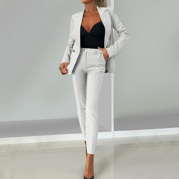 UPPADA Women's Two Piece Lounge Set Dressy Business Casual Outfits 2 Piece Pants Set Professional Blazer Pants Suits Set Work Office Wear White,XXL