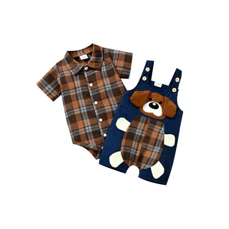 

Calsunbaby Newborn Baby Infant Boy Plaid Printed Crotch Snap Romper Matching Puppy Overall Jumpsuit Outfits Brown 12-18 Months