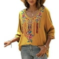 thumbnail image 4 of Higustar Womens Tops Summer Embroidered Blouses Dressy Casual Ladies Plus Size V Neck 3/4 Sleeve Peasant Mexican Tops - Cotton Rayon-328/H-Yellow-2XL, 4 of 8