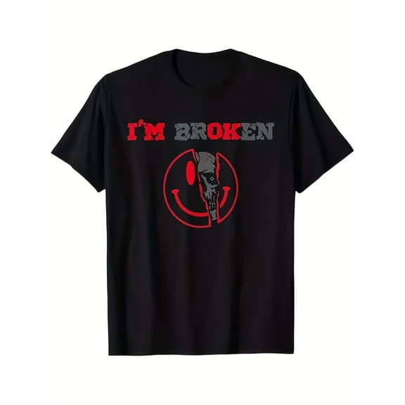 Men's I'm Broken Skull Graphic T-Shirt - Black Cotton Crew Neck Tee with Red &