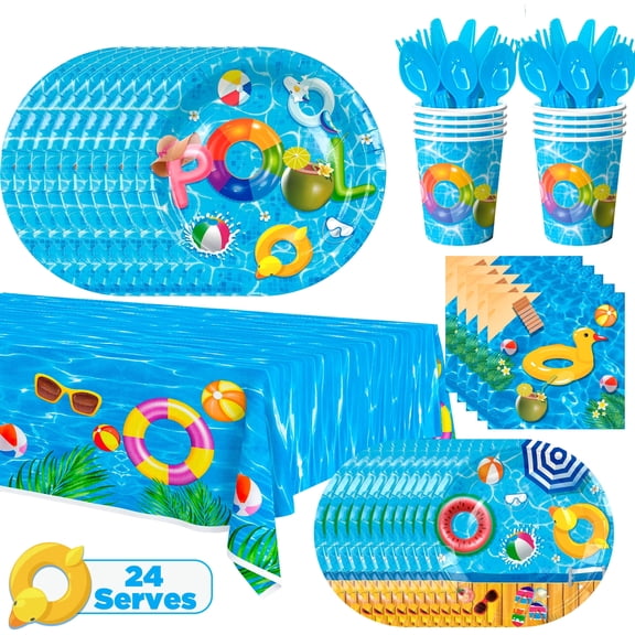 Summer Pool Party Supplies Tableware,169pcs Pool Birthday Tableware Set - Pool Party Plates and Napkins Sets, Pool Party Cups & Tablecloth etc Summer Pool Tableware for Summer Pool Party Decor