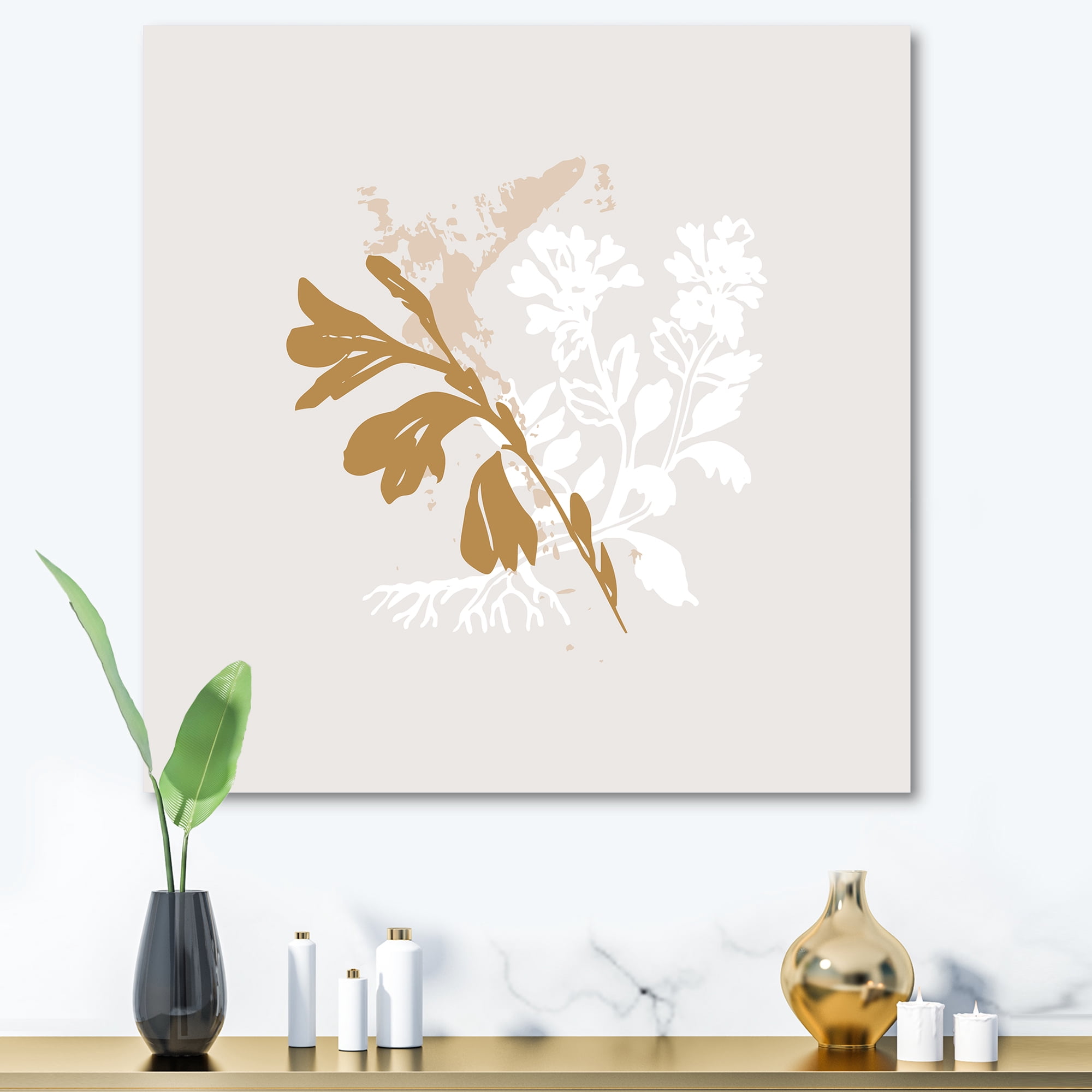Designart ' Minimal Botanical Design In White and Brown ' Traditional Canvas Wall Art Print