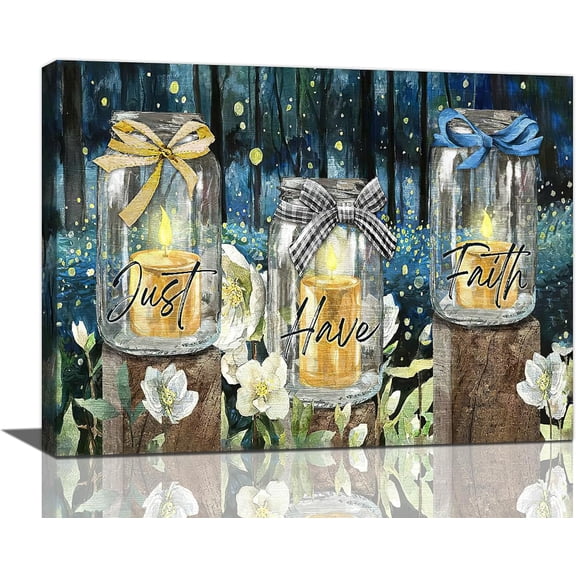 Farmhouse Bathroom Decor Wall Art Rustic Firefly Bottle Forest Night Flower Pictures Wall Decor Just Have Faith Sign Canvas Painting Prints Artwork Decorations Framed for Kitchen Bedroom 16"x12"