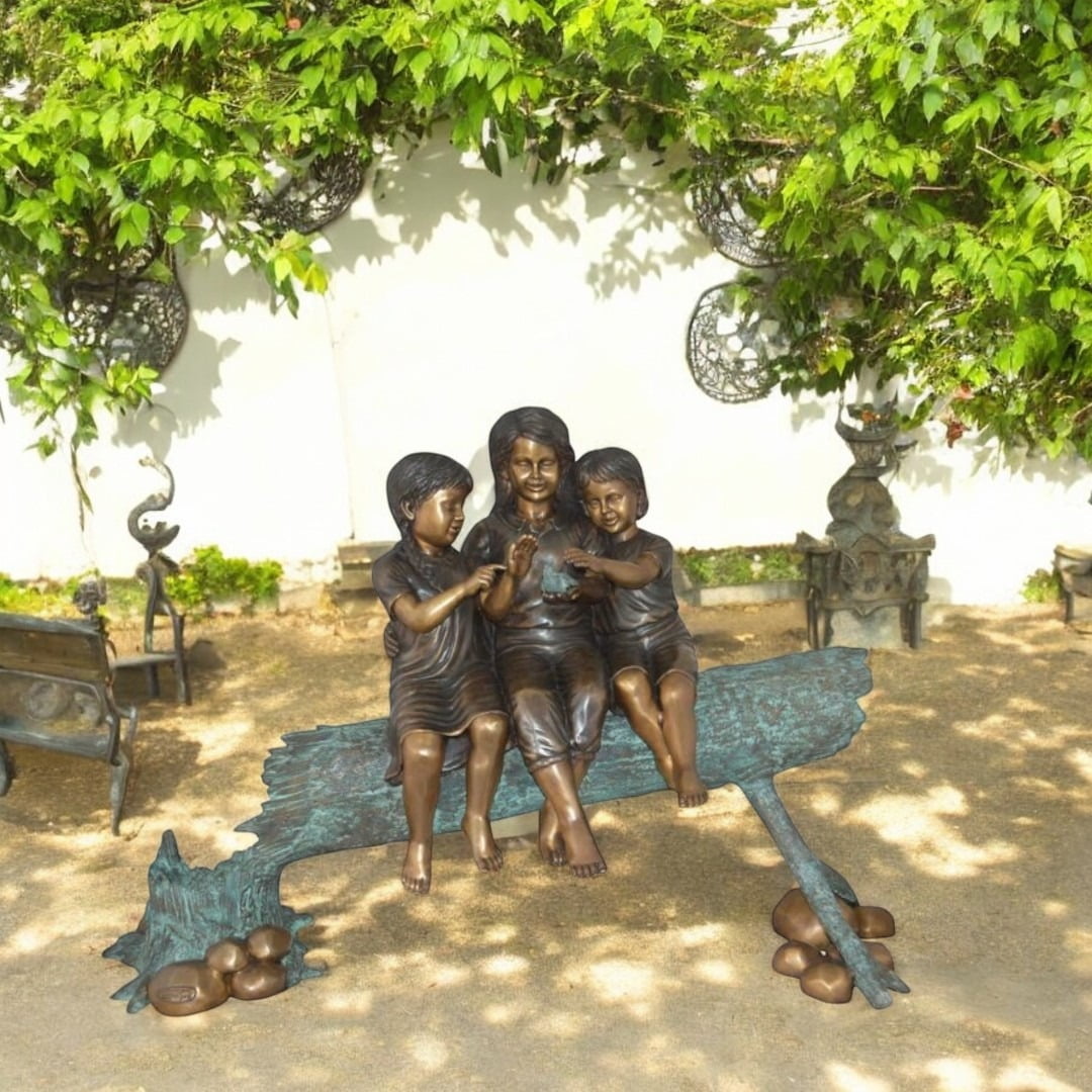 Nifao Three Children On Log Holding Bird Bronze Statue – Outdoor Garden Decor Sculpture, 55"L x 18"W x 38"H