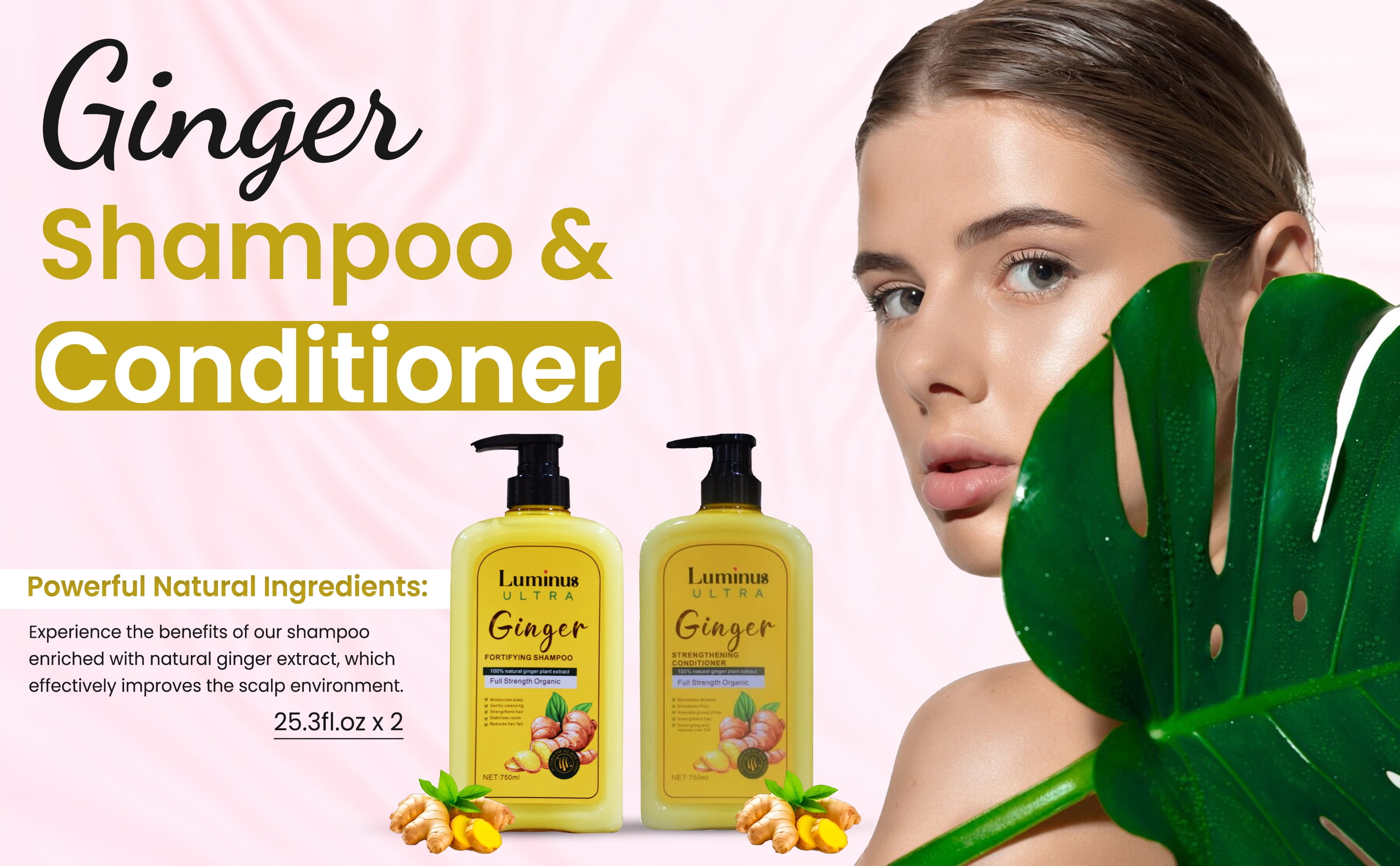 Luminus ULTRA Ginger Shampoo and Conditioner Anti-Frizz Natural Formula Ginger Shampoo, Purifies Hair and Scalp, Prevents Dry Itchy Scalp, Strengthens Hair, All Hair Types - 25.3fl.oz x 2