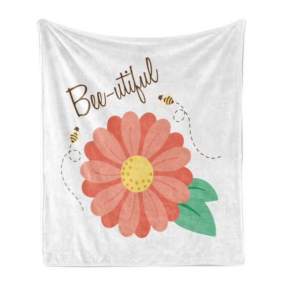 Honey Bee Soft Flannel Fleece Throw Blanket, Bee-utiful Humorous Composition with a Close up Flower, Cozy Plush for Indoor and Outdoor Use, 60" x 80", Burnt Sienna Mustard, by Ambesonne