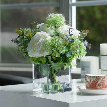 Enova Home Mixed Artificial Silk Rose Flowers and Greenery in Cube Glass Vase, Fake Floral Arrangement in Vase with Faux Water (Cream)